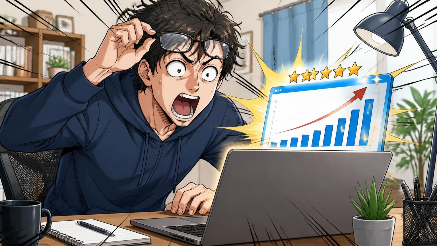 自分の市場価値を知るのが先。自宅のデスクで在宅勤務のエンジニアが年収診断の画面を見て驚く