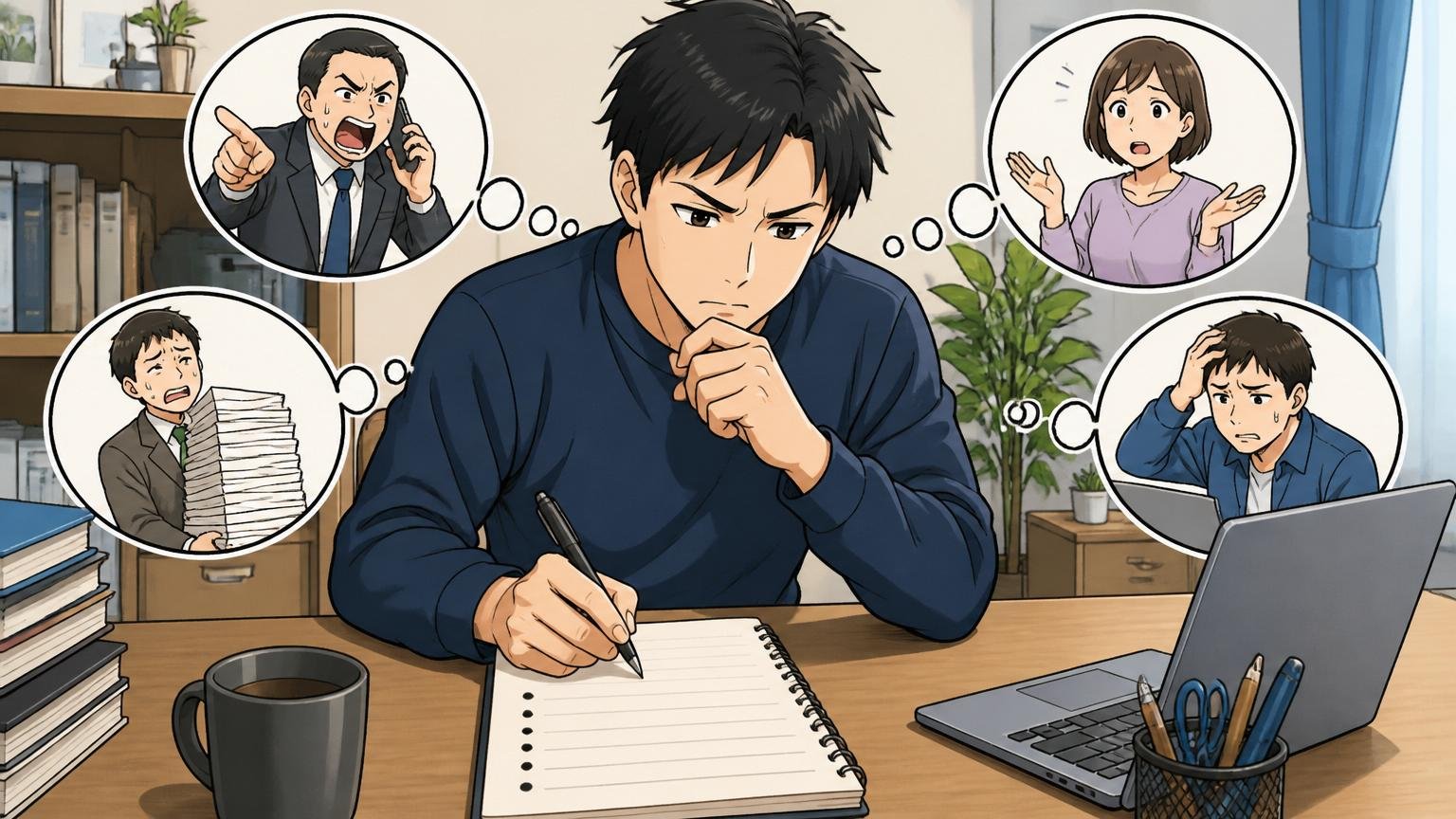 感情を切り離して事実で棚卸しする、自宅のデスクでノートに不満を書き出す30代男性1人