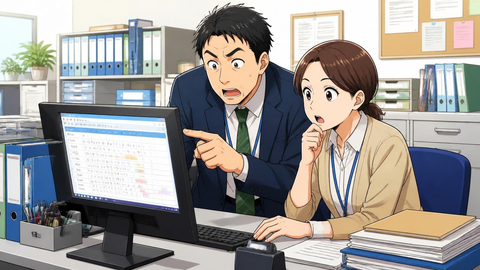 プロダクトの評判と働くことは分けて考える。企業の総務部で担当者2人が勤怠システムの画面を確認する