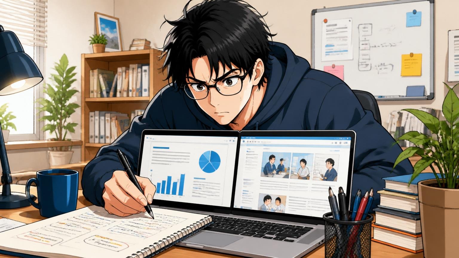 自宅のデスクでノートPCを開きfreeeのIR資料と公式採用ブログを並行して読み込みながらノートに書き込む30代エンジニアの集中した姿