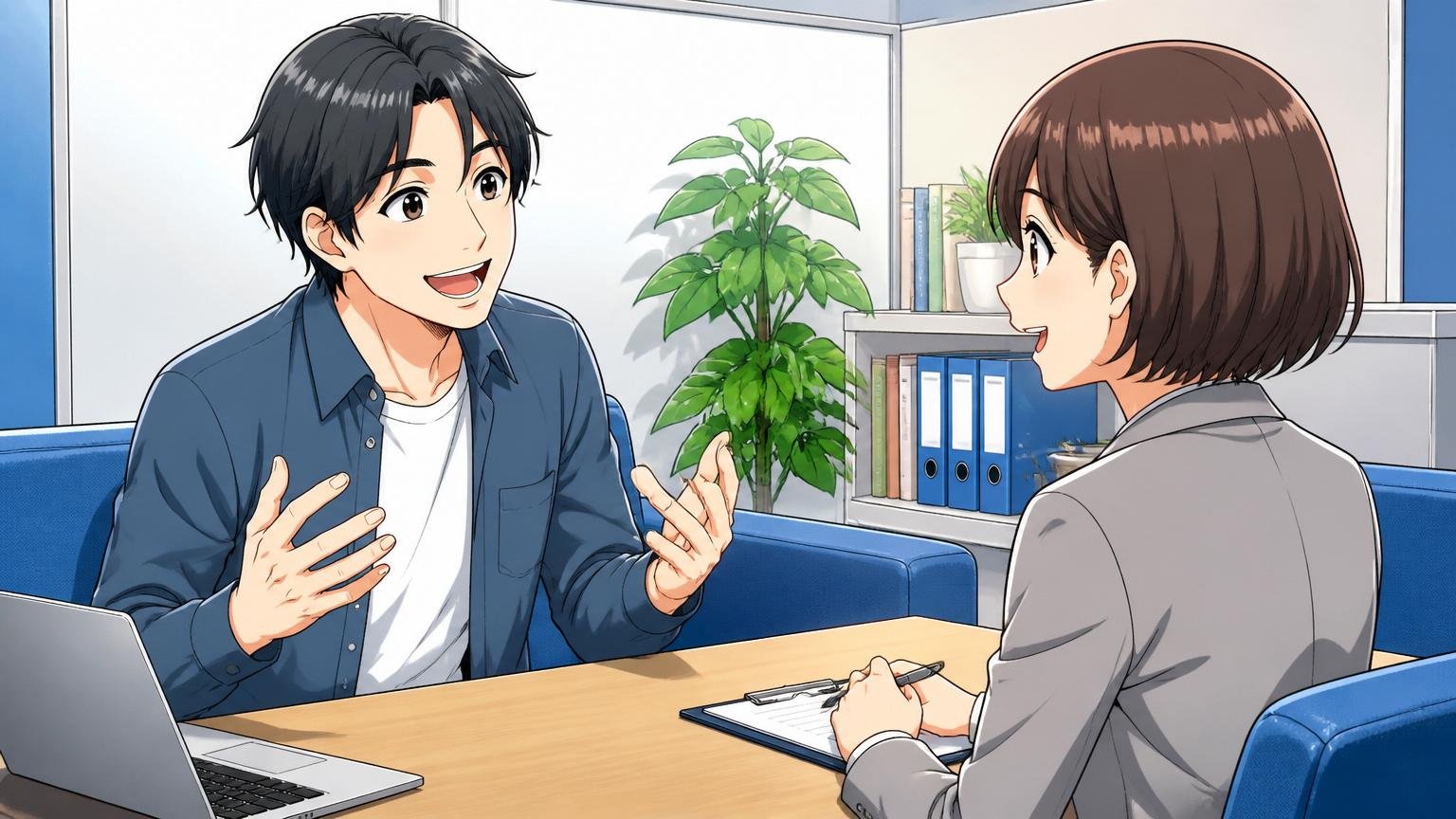 キャリア相談で笑顔のアドバイザーと向き合い前向きに話すITエンジニア、転職エージェントの面談ブース