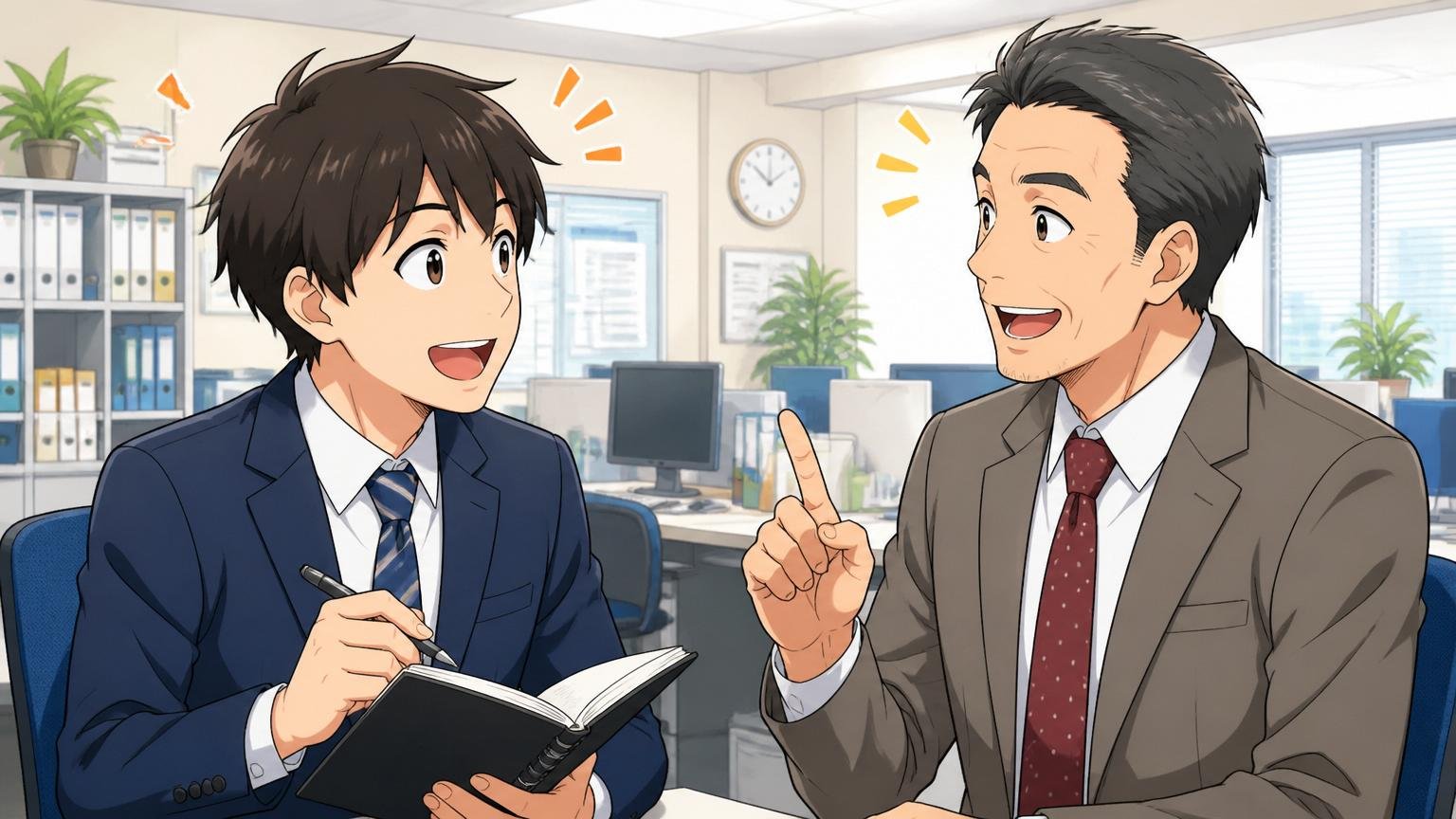 よくある質問FAQ オフィスで和やかに質問する若手男性社員と笑顔で答えるベテラン男性社員2人