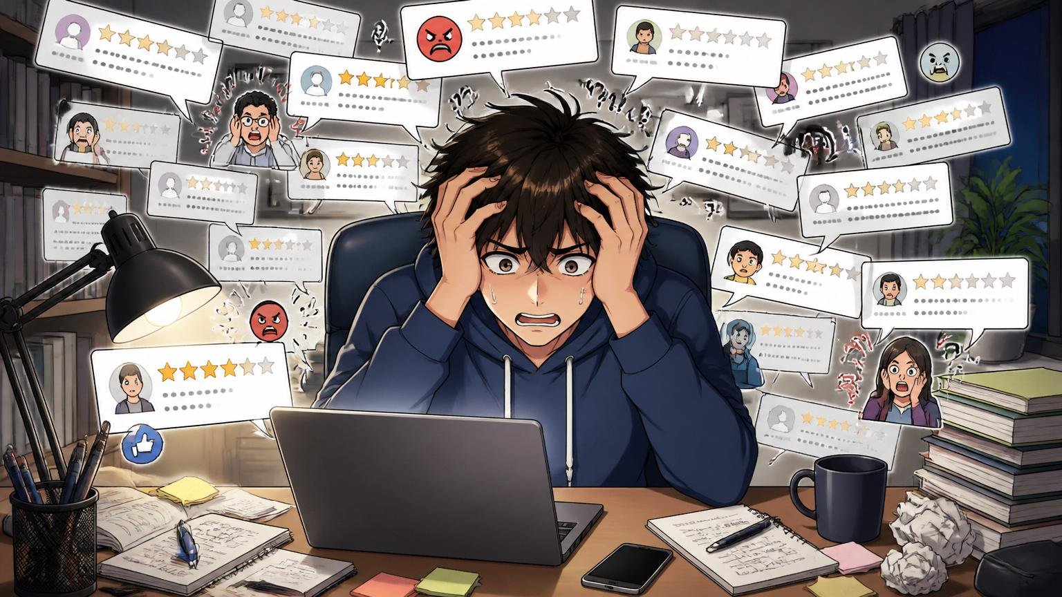 なぜ一人で・口コミだけで判断すると危険なのか。自宅のデスクで深夜に大量の口コミを読み込み迷う20代エンジニア1人が頭を抱える