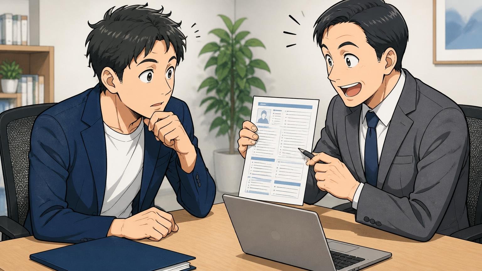 企業の会議室でキャリアアドバイザーと面談しながら職務経歴書を見せて市場価値を診断してもらう30代男性エンジニア1人