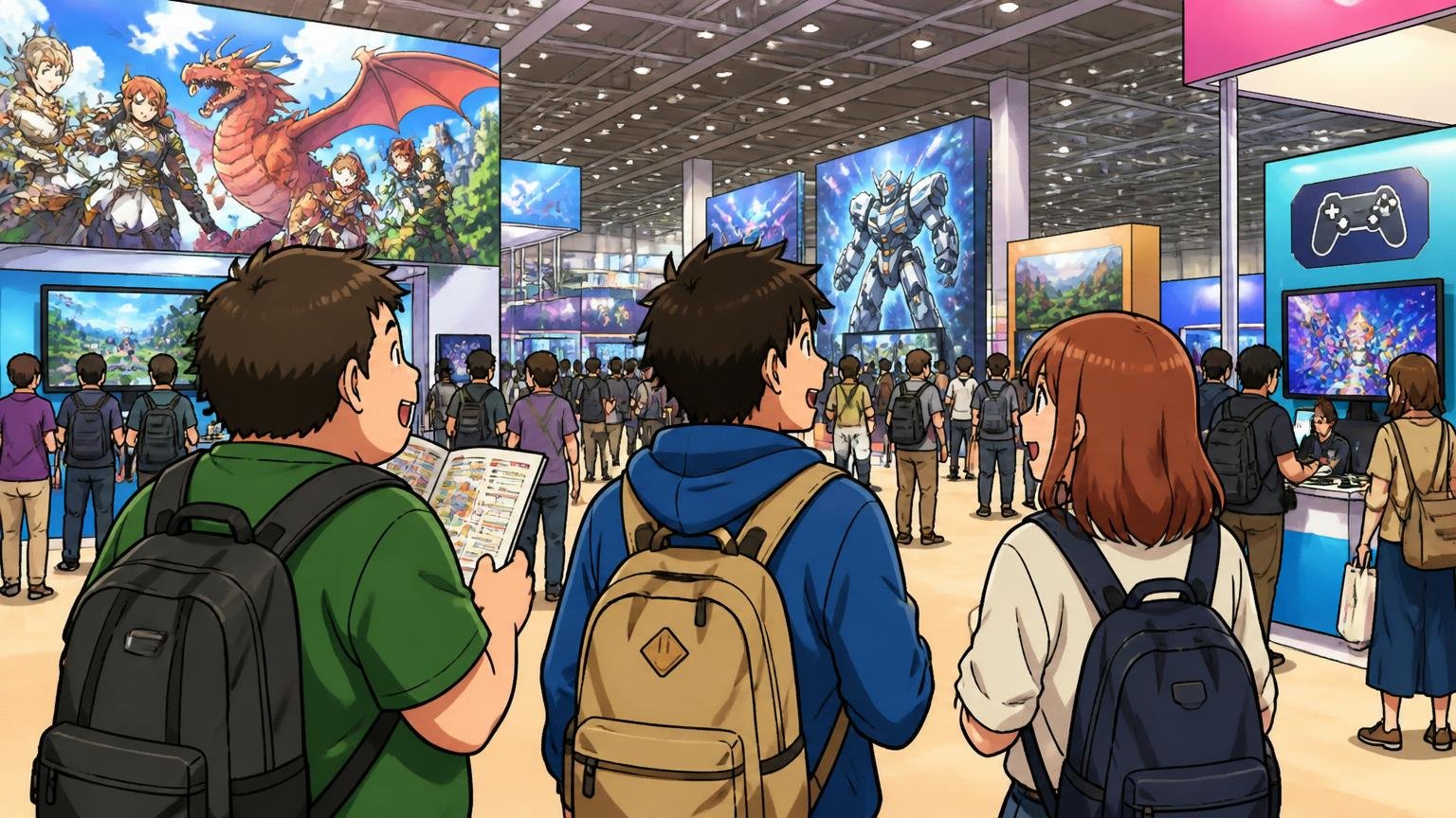 ゲーム業界の構造。ゲーム業界カンファレンスの会場で各社ブースを巡る来場者の後ろ姿3人