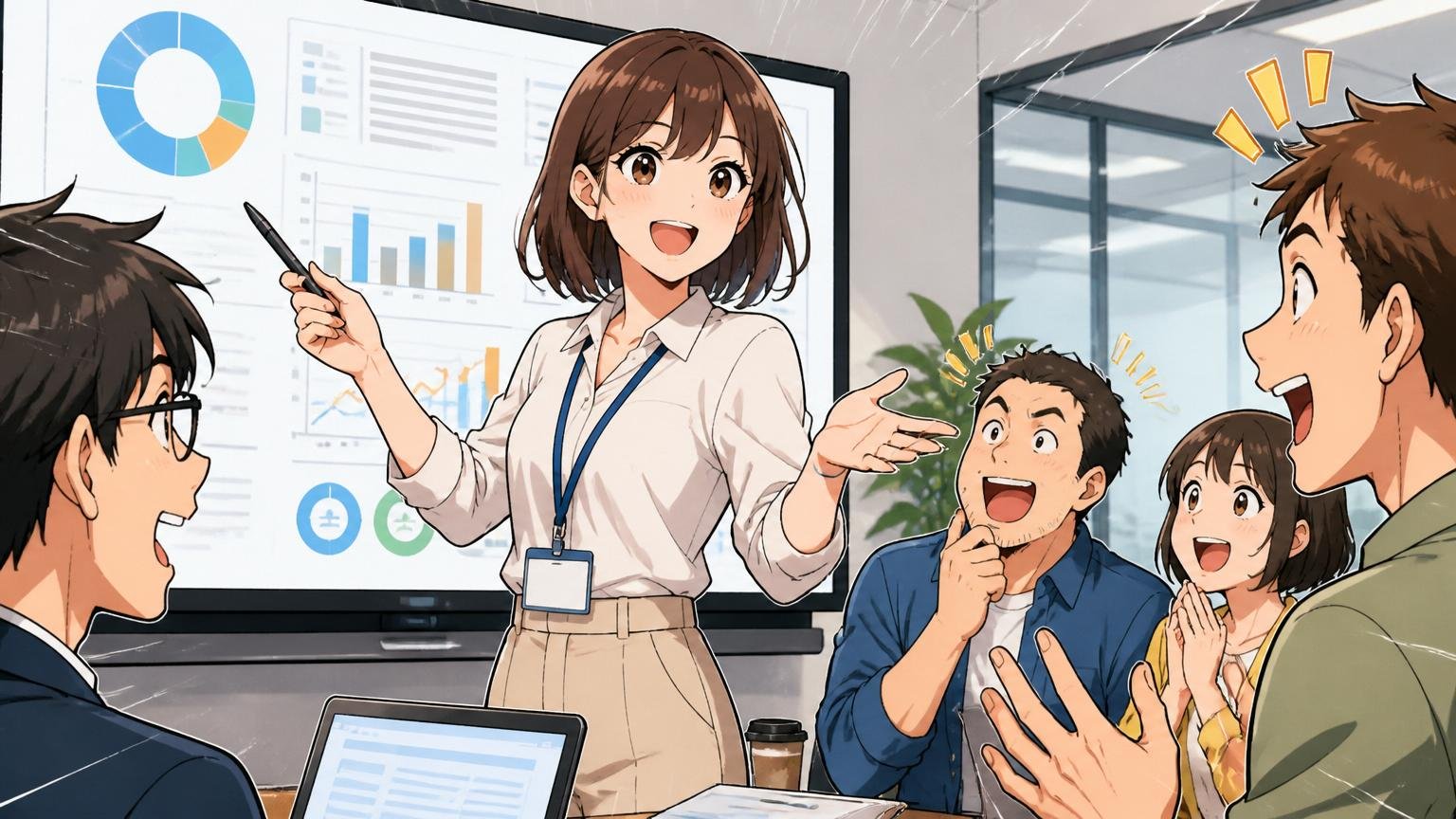 向いている人の特徴|Web系企業のオフィスで自分から提案資料を発表する20代女性1人、自信に満ちた表情