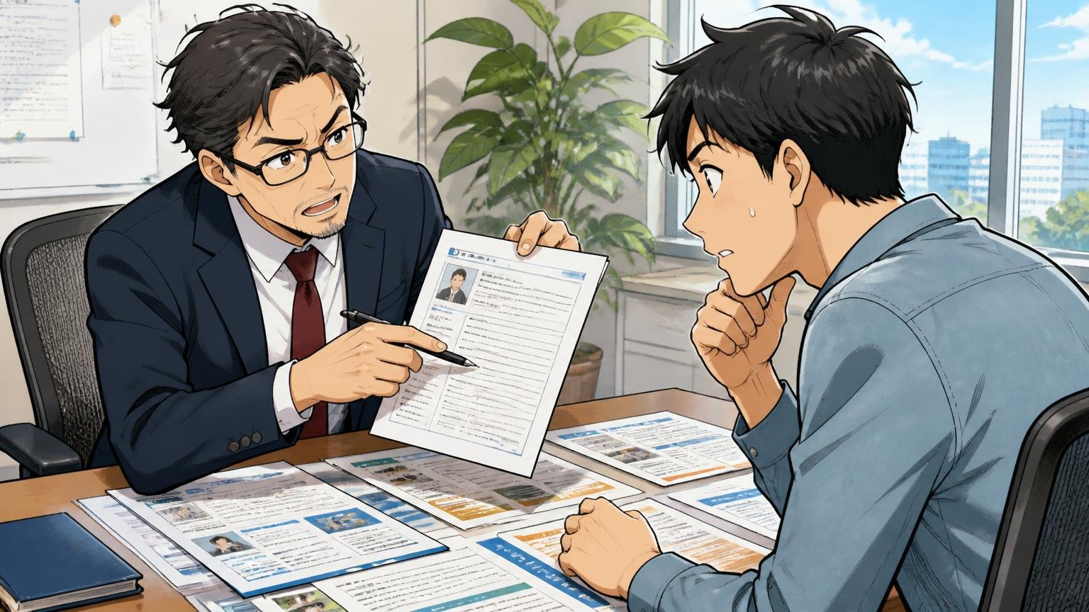 企業の会議室で40代の経験豊富なキャリアアドバイザーと面談する30代エンジニア、机に経歴書と複数の求人票、客観視のシーン。