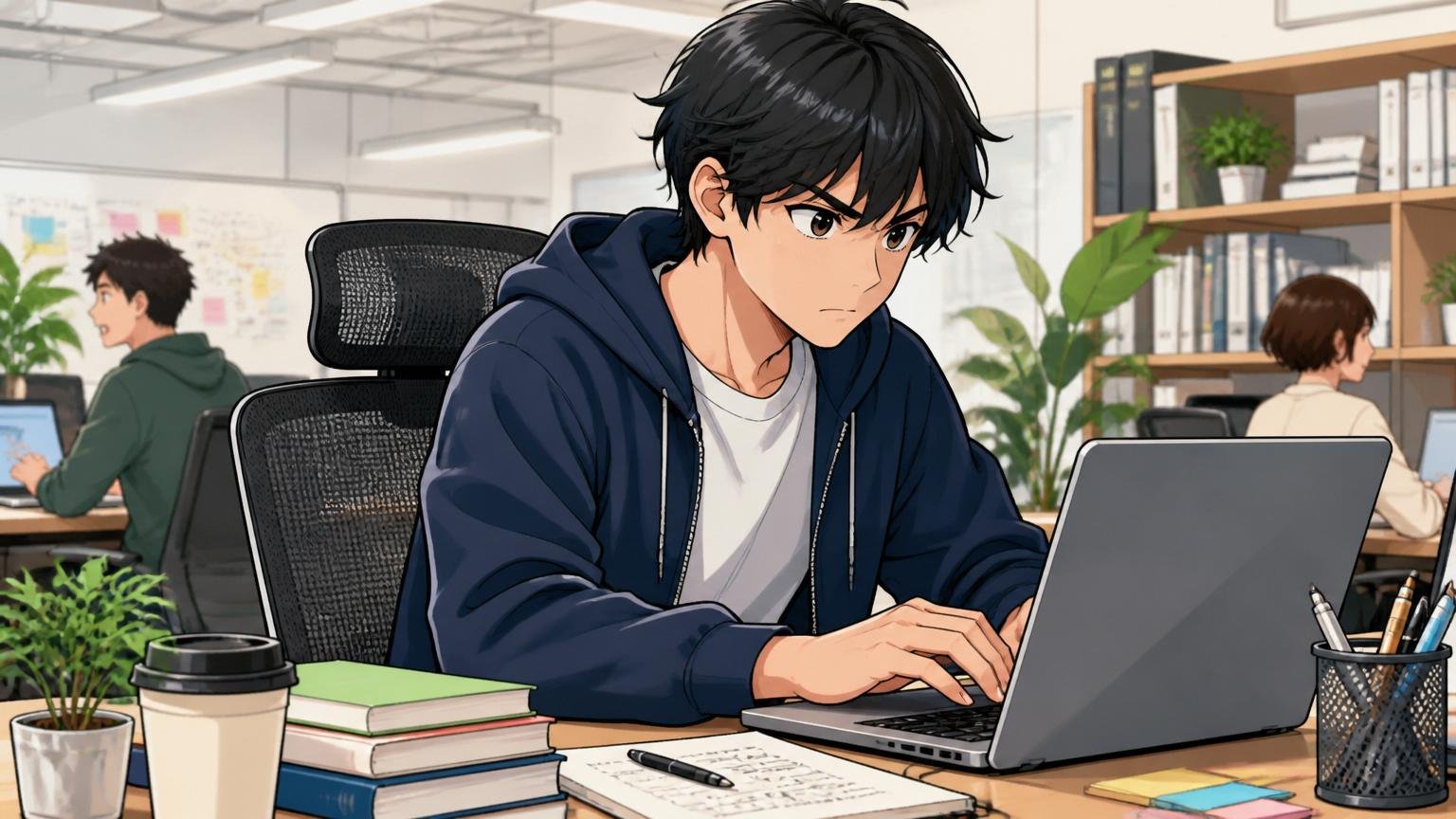 CTW株式会社に向いている人の5つの特徴、Web系スタートアップのオフィスで自走して開発する20代後半男性エンジニア1人、集中した表情