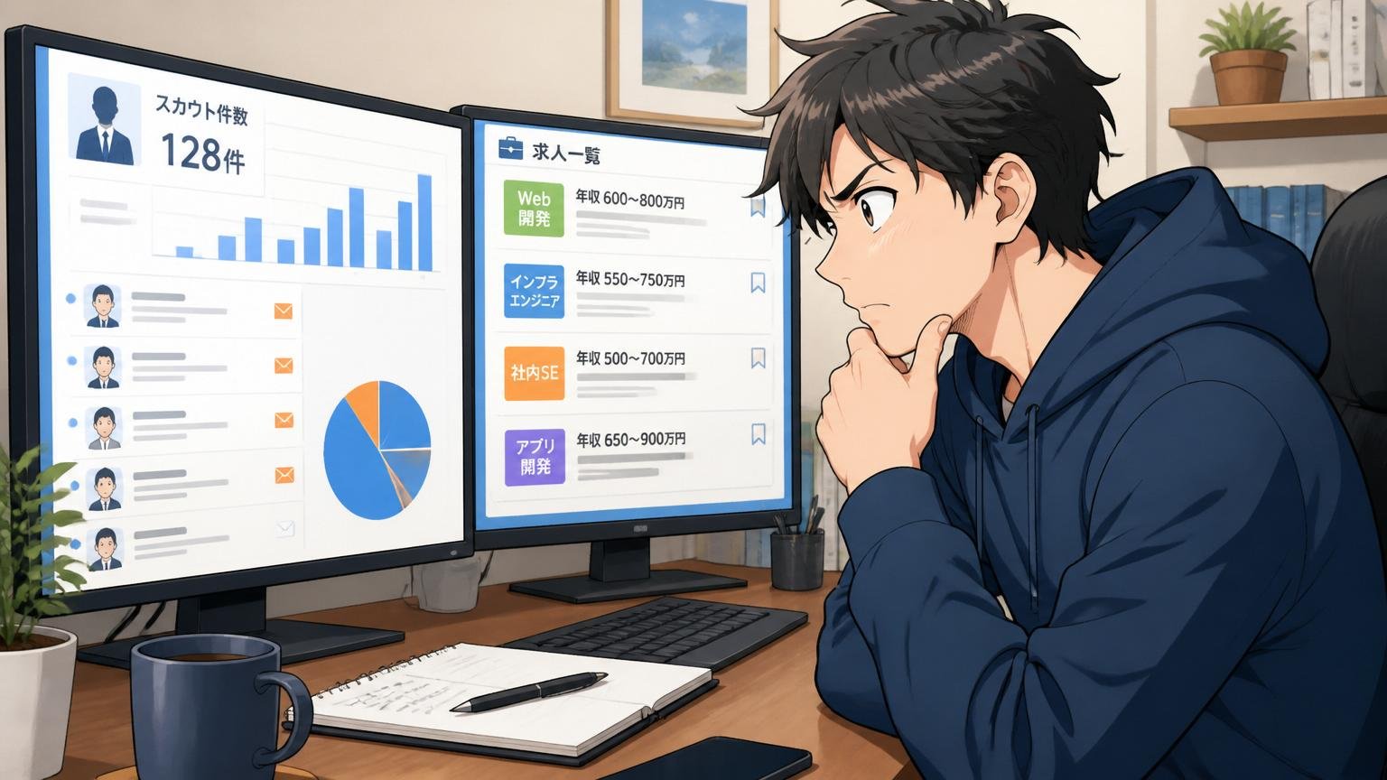 市場価値を客観把握する場面、自宅のデスクで在宅勤務、エンジニア男性1名がスカウト件数と求人を見比べ考え込む