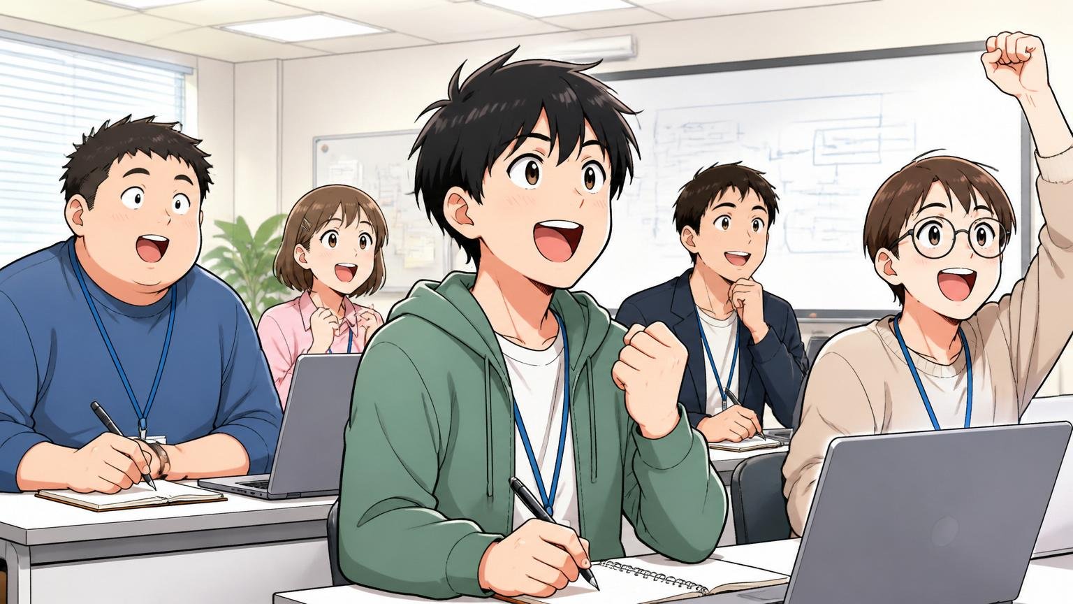 ALHが向いている人の特徴を持つ未経験エンジニアたちが企業の研修室で前向きに学ぶ様子