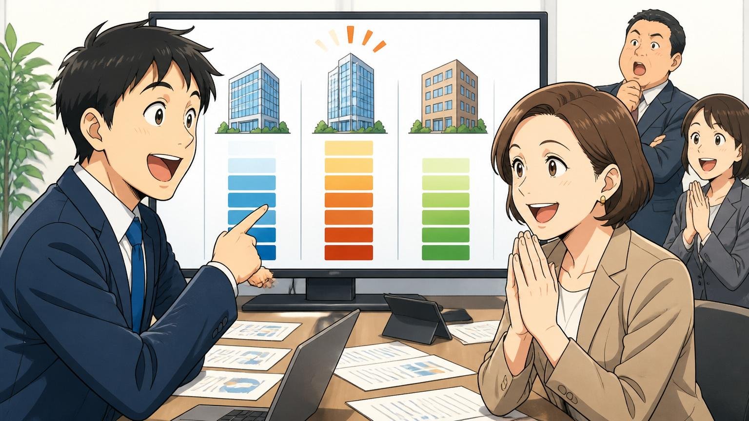 会社単体ではなく市場価値で判断するメリット、企業の会議室で複数企業の提示年収を比較する、30代男性1人と40代女性1人、納得した表情
