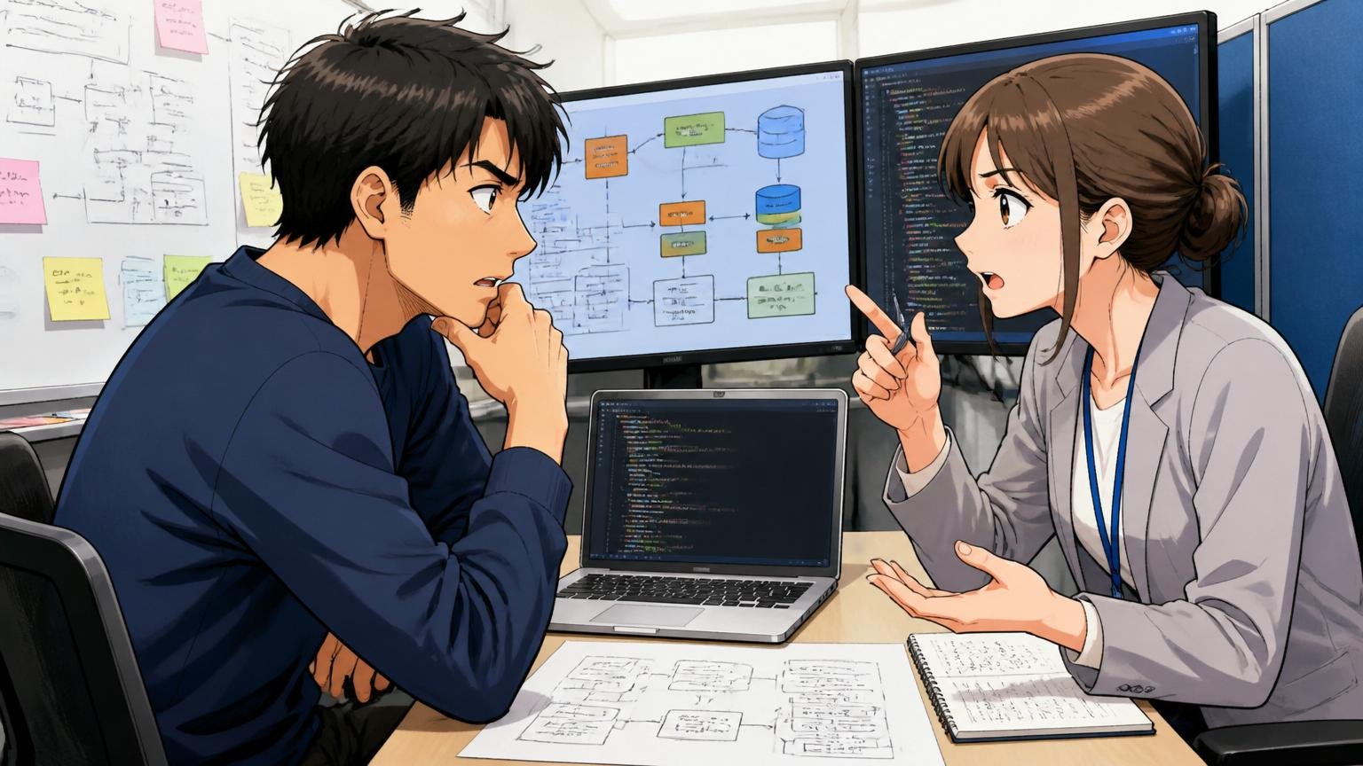 IT特化型エージェントの面談ブースで技術スタックを深掘りされる30代男性エンジニア1名と専門カウンセラー30代女性1名、真剣な議論の表情