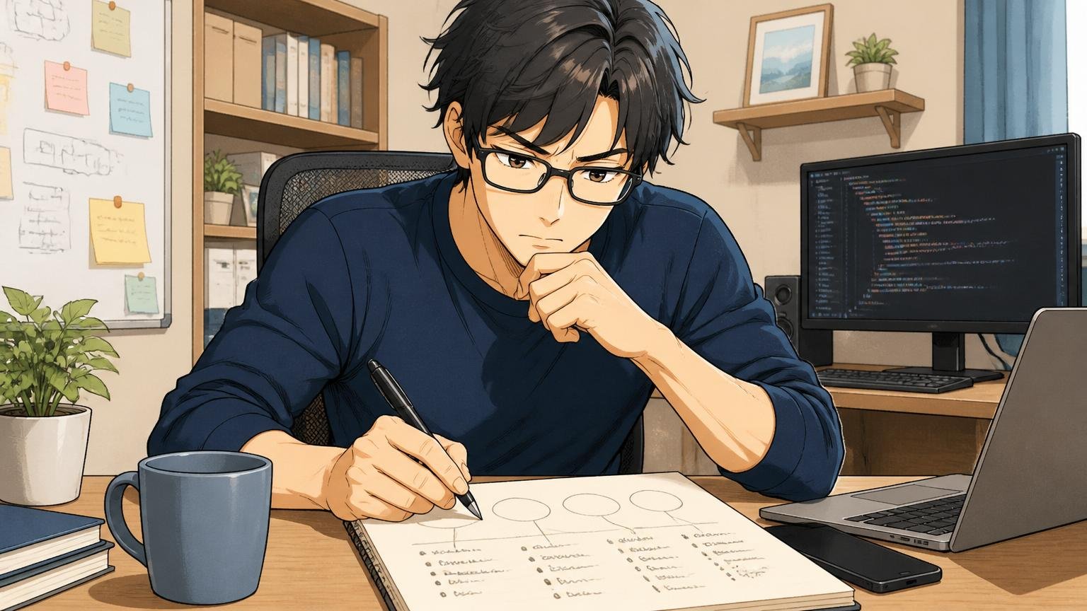 「やばい」を判断する前に必要な3つの自己分析。自宅のデスクで30代男性エンジニア1人が、ノートに自己分析を書き出す表情
