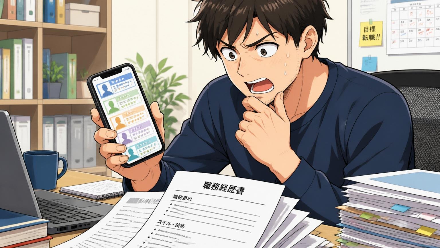 自宅のデスクで職務経歴書を整理しながらスマホでエージェント比較サイトを見る30代男性エンジニア