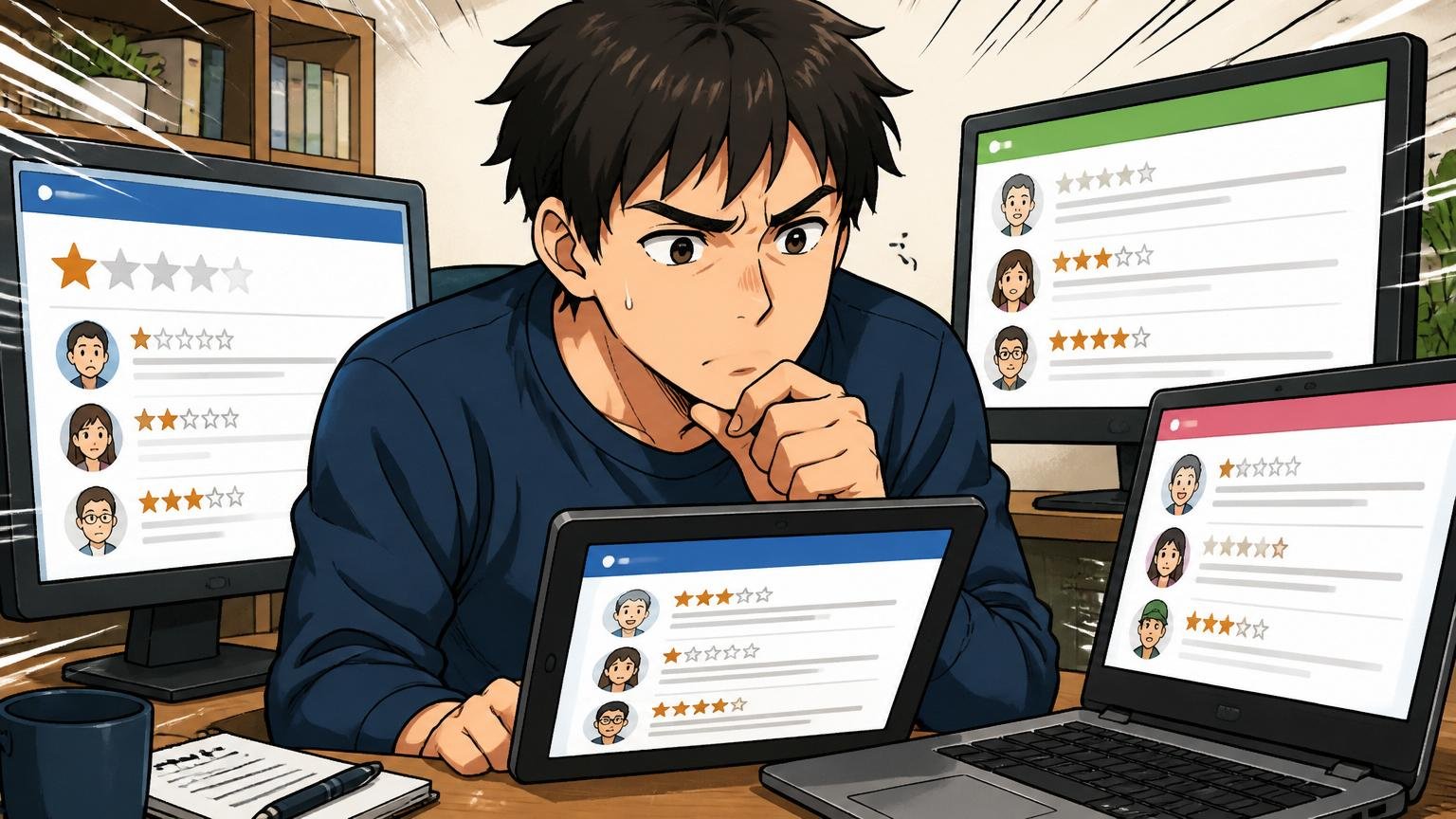 1社のエージェント・1サイトの口コミだけで決めるのは危険 複数の口コミサイトを比較するエンジニア1人、慎重な表情