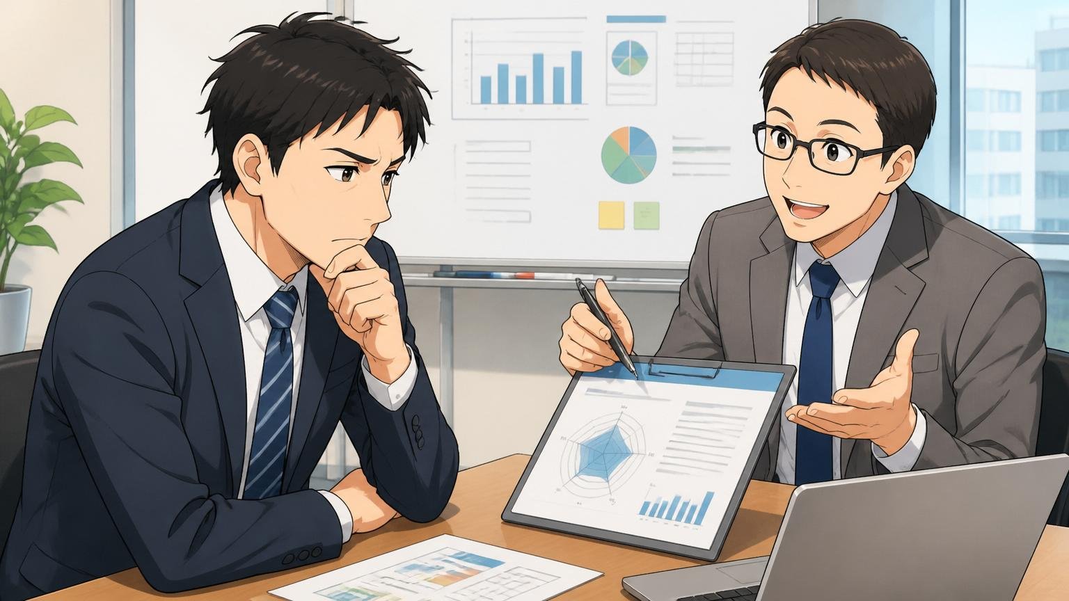 自分の市場価値を客観的に把握する｜企業の会議室でキャリア面談をする中堅男性社員と転職カウンセラー