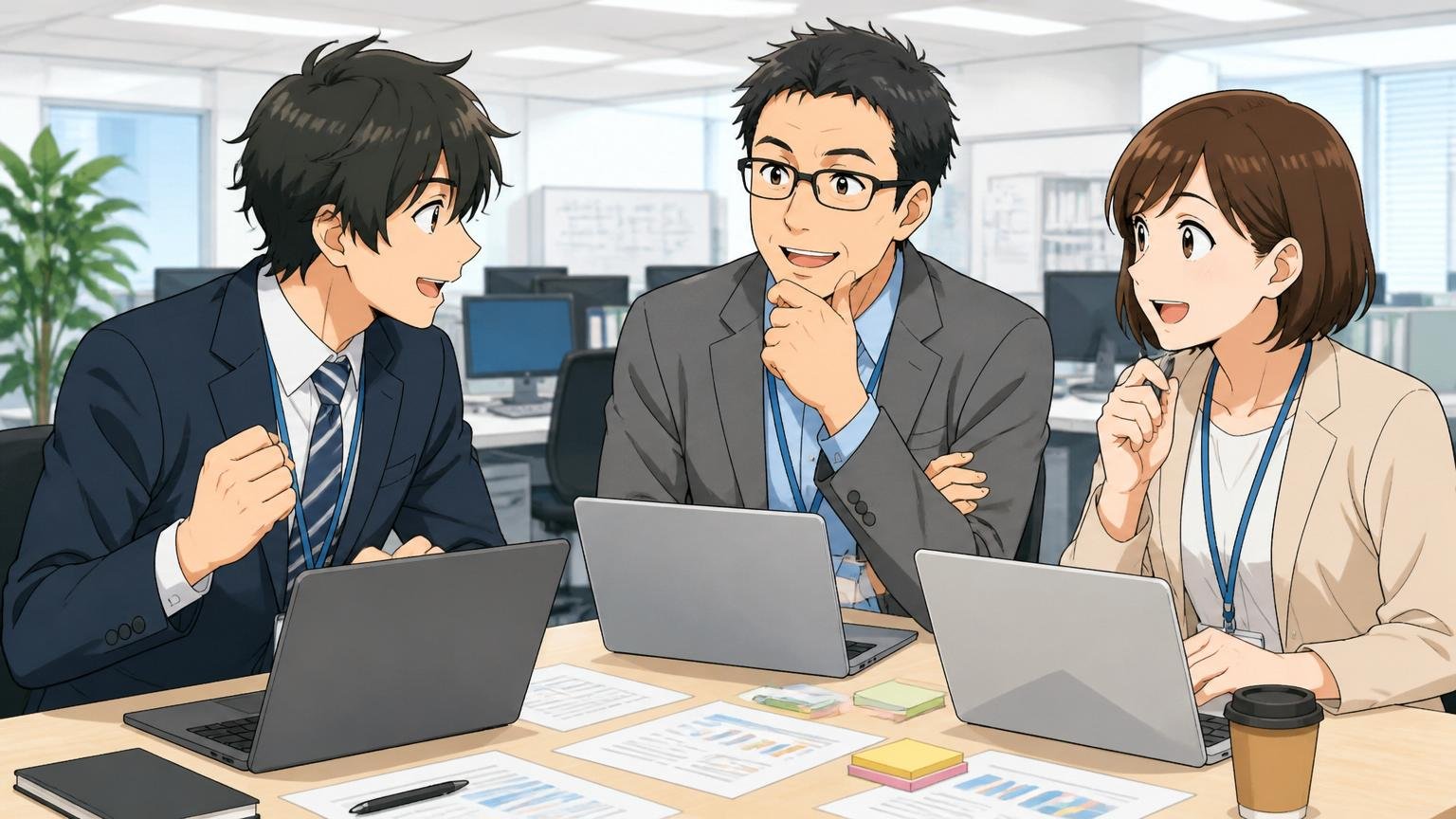 SIerのオフィスで新卒と中途の社員が並んで打ち合わせをするフラットな雰囲気の職場風景3名