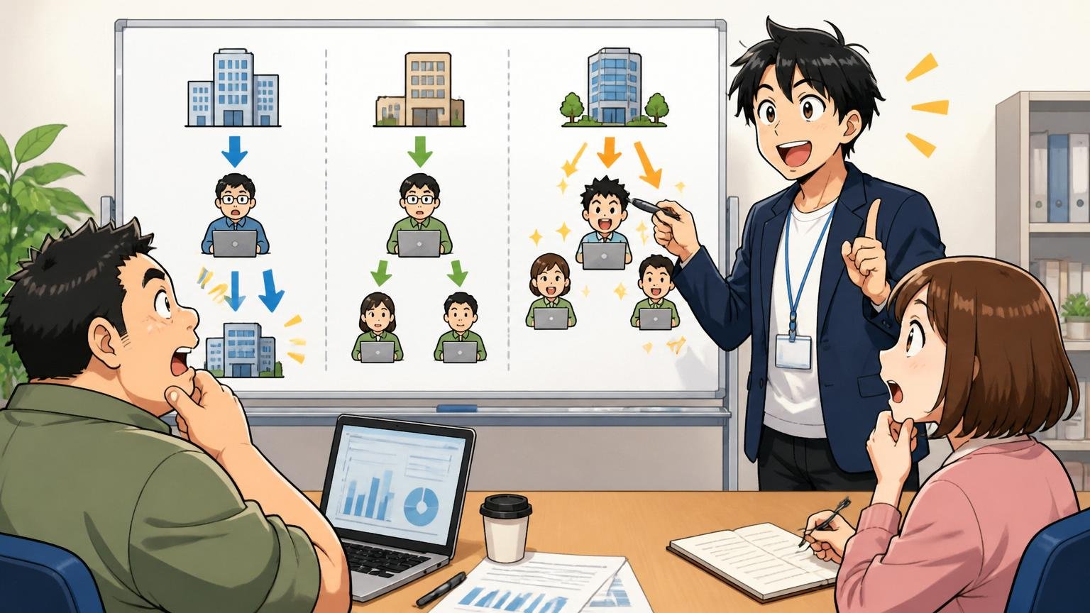 SES・受託・自社開発の違いを図解で解説するホワイトボード前の講師1人と聴く社員2人