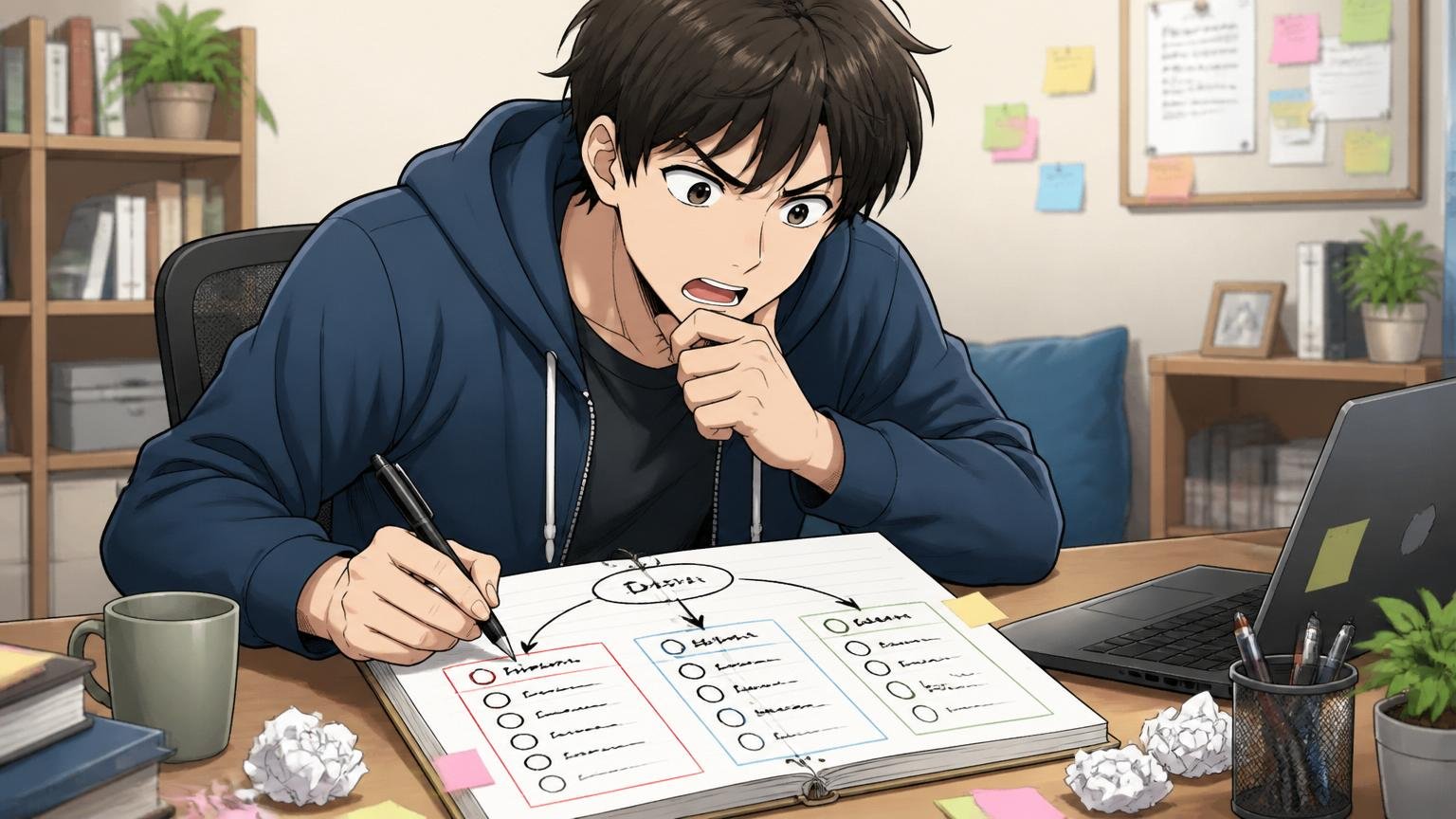 自宅のデスクで在宅勤務中にノートに不満を箇条書きで書き出して分類する20代後半のエンジニア