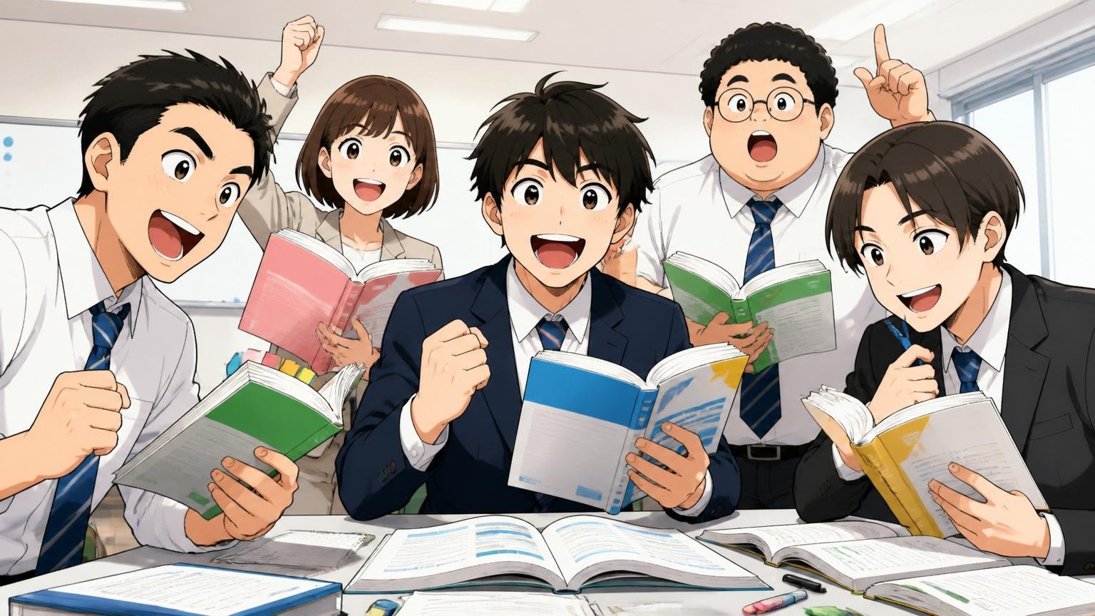 企業の研修室で資格取得の参考書を持って明るく勉強する未経験出身の若手社員5人