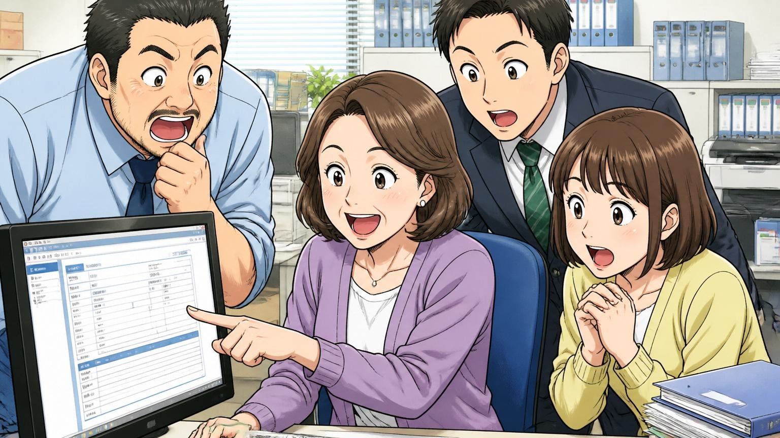 企業の経理部で40代女性経理担当者が電子帳票画面を3人の社員に見せて操作している