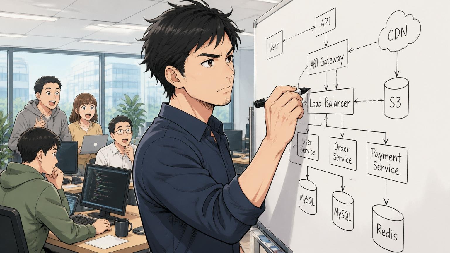 向いている人の特徴を表すWeb系メガベンチャーのオフィスで自分でホワイトボードに英語で構成図を描く30代エンジニア1名の真剣な様子