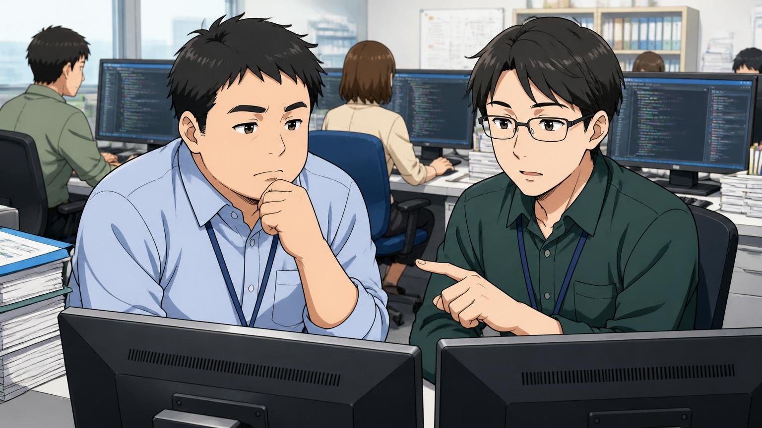 官公庁の大規模システム開発現場で淡々とコードレビューをする落ち着いた表情の中堅エンジニア2人