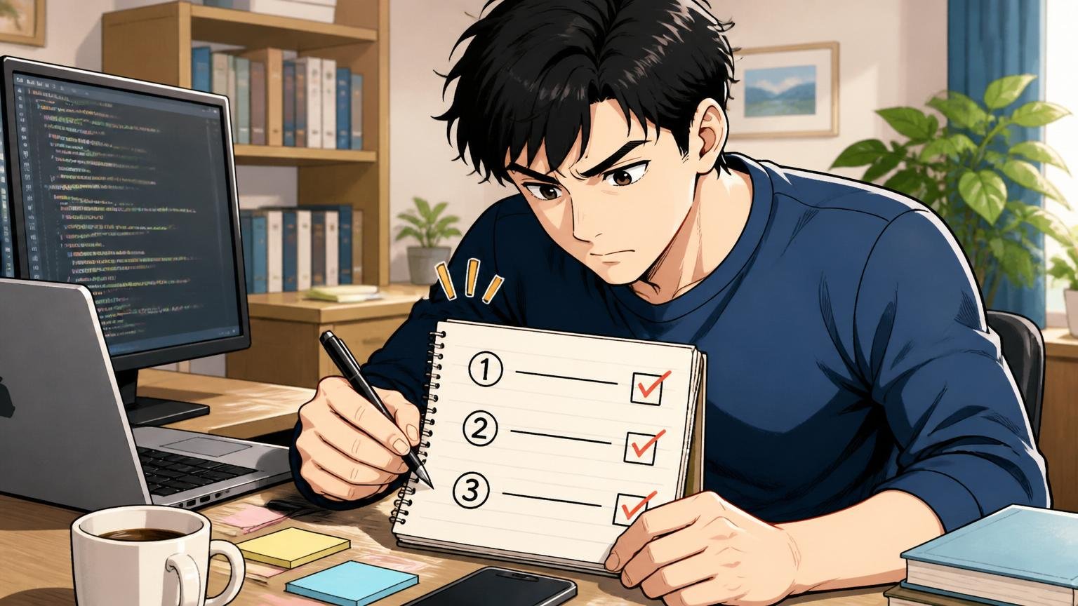 辞める前にやる3つの準備。自宅のデスクで準備リストを書き出すITエンジニア1人が真剣な表情で確認するシーン