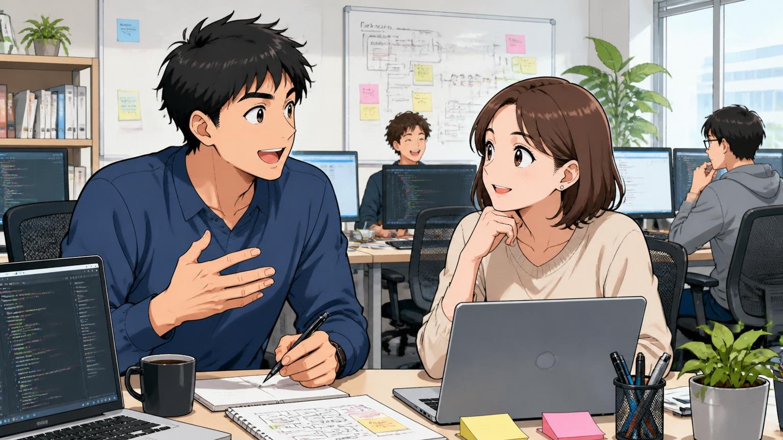 企業のオフィスで30代男性エンジニア1人と30代女性エンジニア1人が穏やかな表情で長期的なキャリアを語り合う