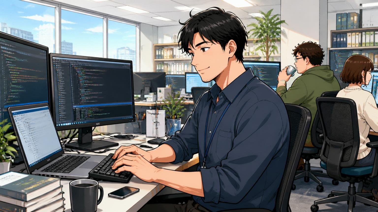 メガベンチャーのオフィスで30代男性エンジニアが整備された開発環境で落ち着いて作業する