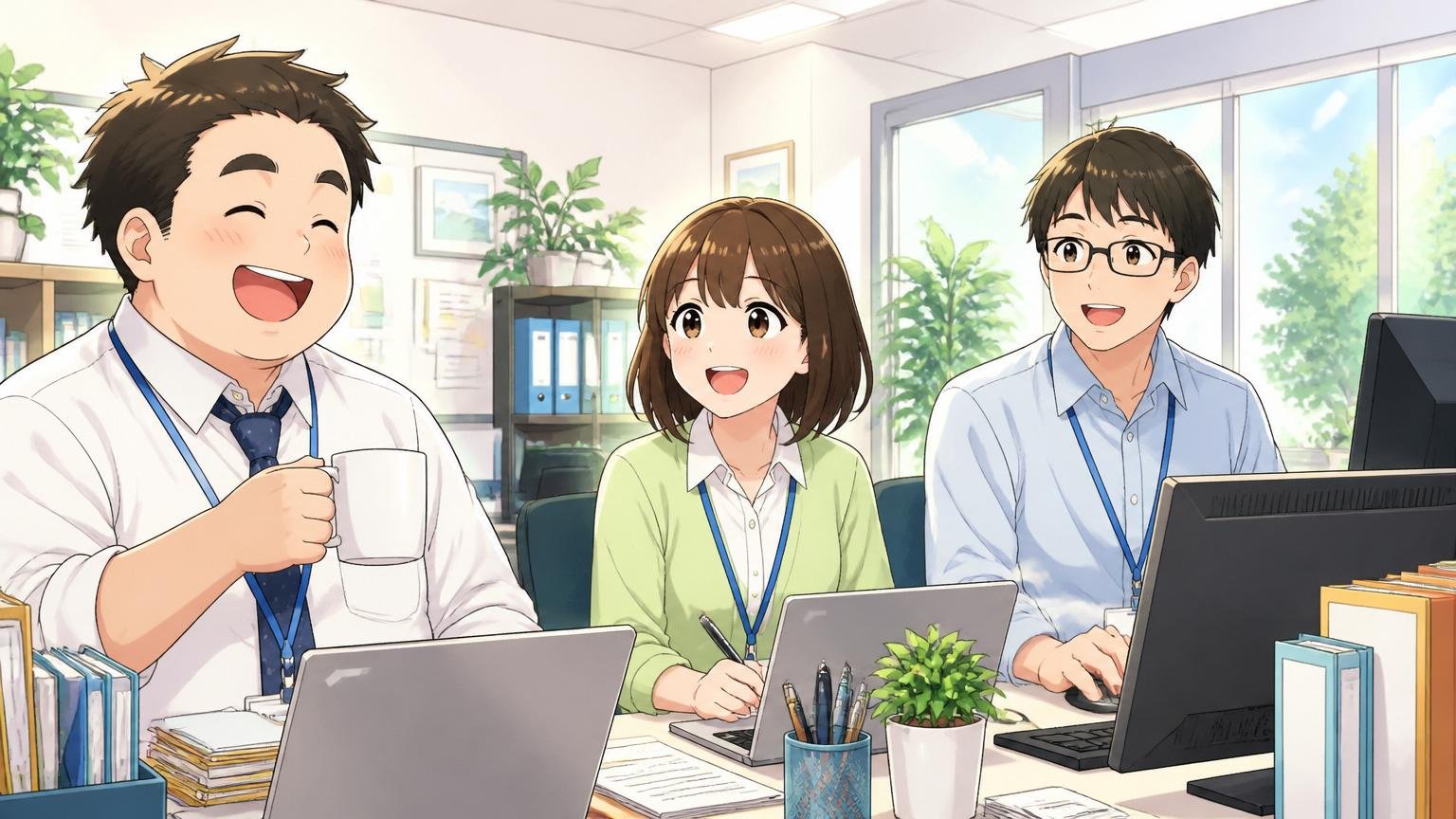 向いている人の特徴を満たす社員が安心して働く、企業の明るいオフィスで穏やかに業務する社員、社員3人、満ち足りた表情