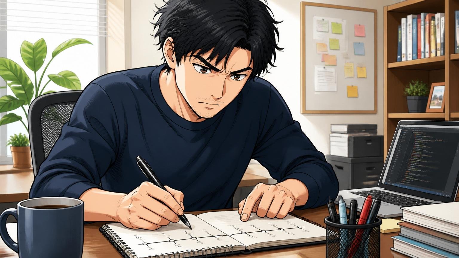 自宅のデスクで自分のキャリア年表をノートに書き出す30代男性エンジニア1名が真剣な表情