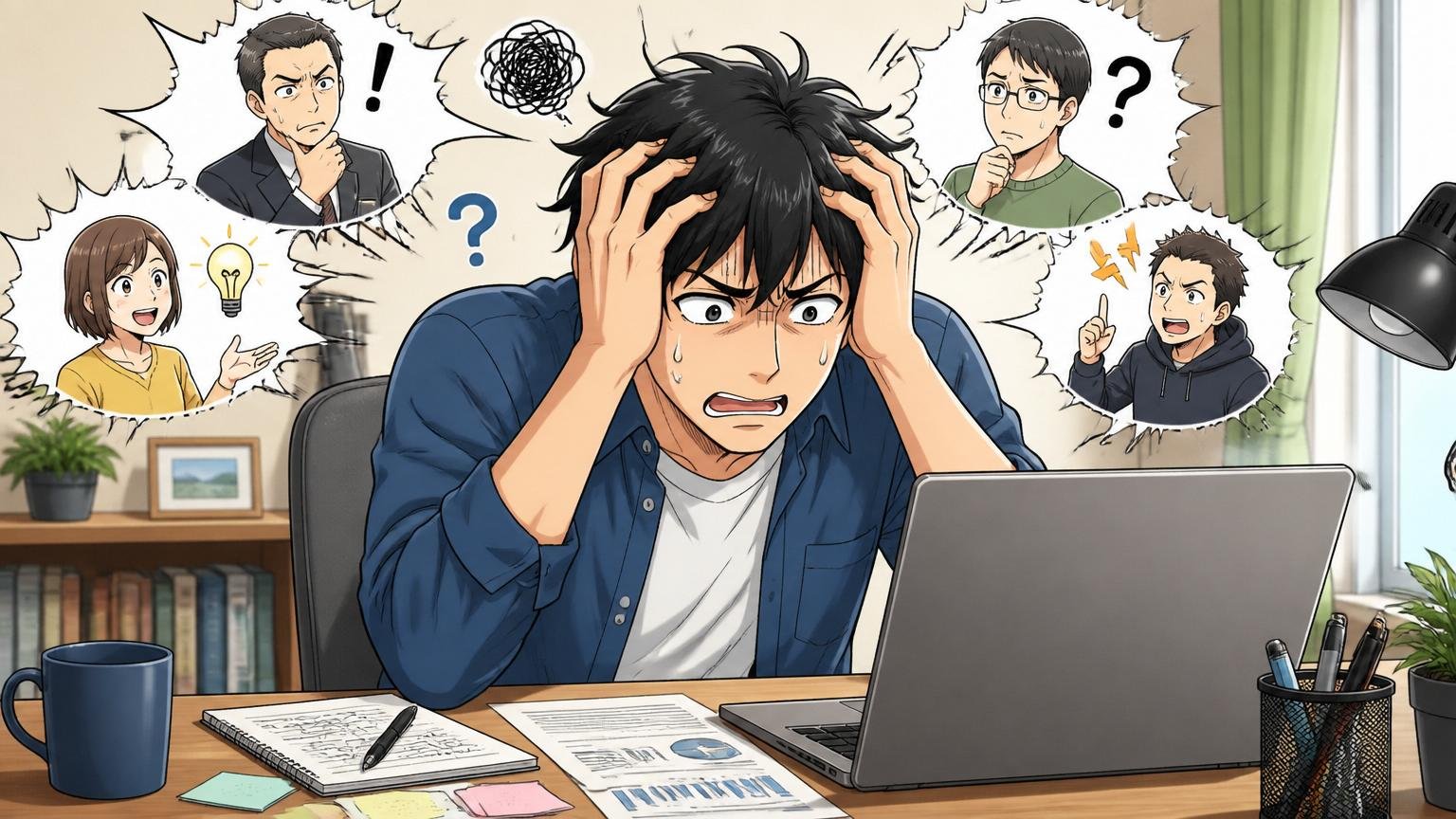 ウィルゲート1社で答えを出そうとすると判断を誤る・自宅のデスクで在宅勤務の30代男性1人がノートPC前で頭を抱える