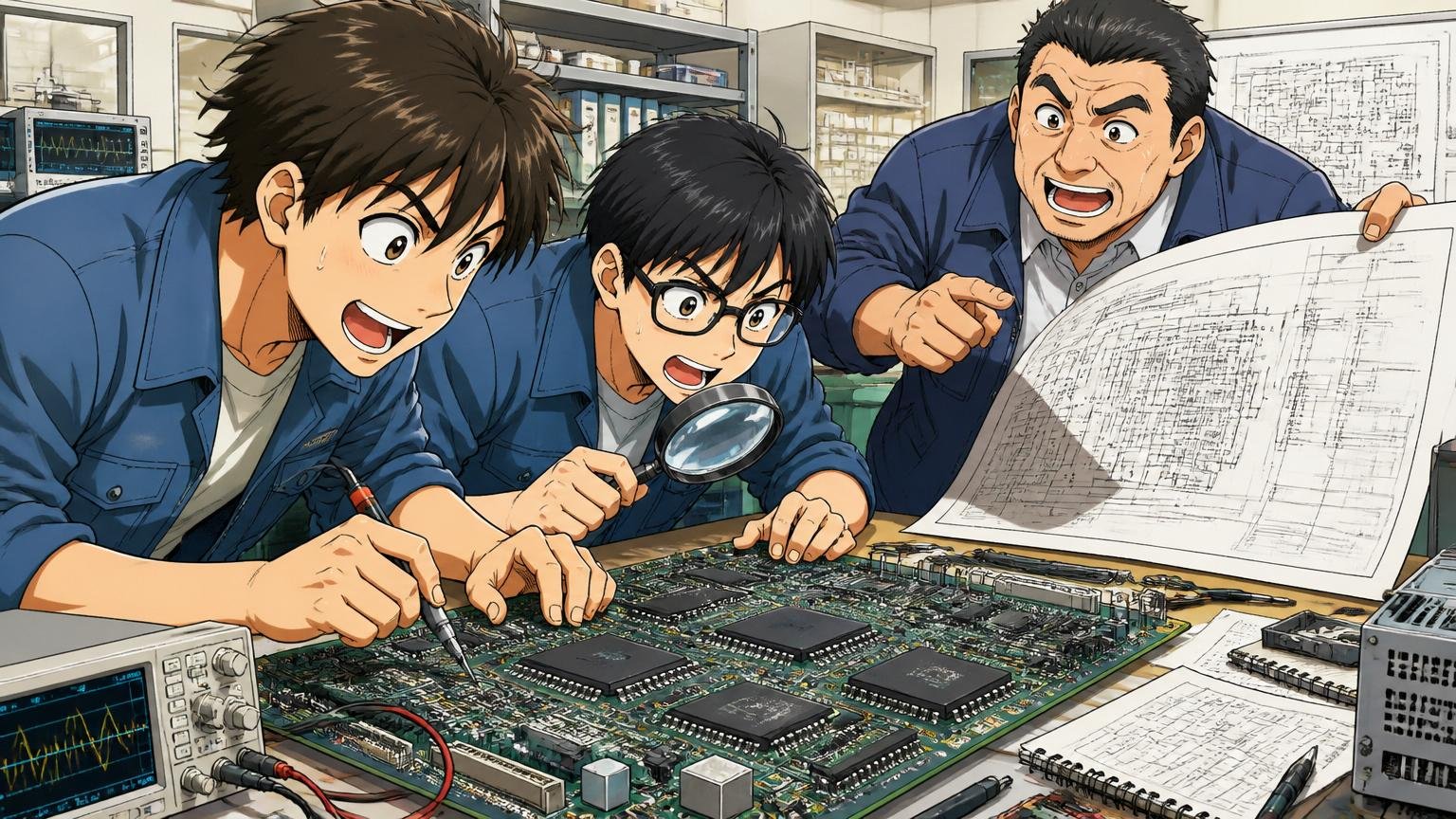向いている人の5つの特徴。組み込み開発の現場でメニーコア基板を熱心に解析する2人のエンジニアと、設計図を広げる先輩