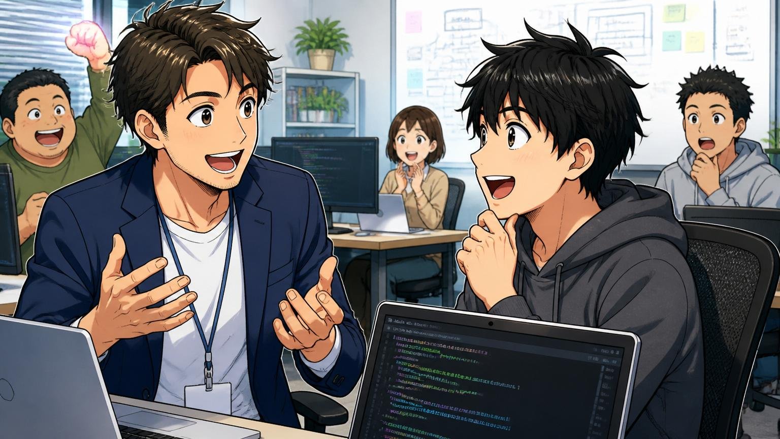 都心のIT特化型エージェントのオフィスで技術スタックの話を笑顔で交わす30代男性アドバイザーと20代男性エンジニア