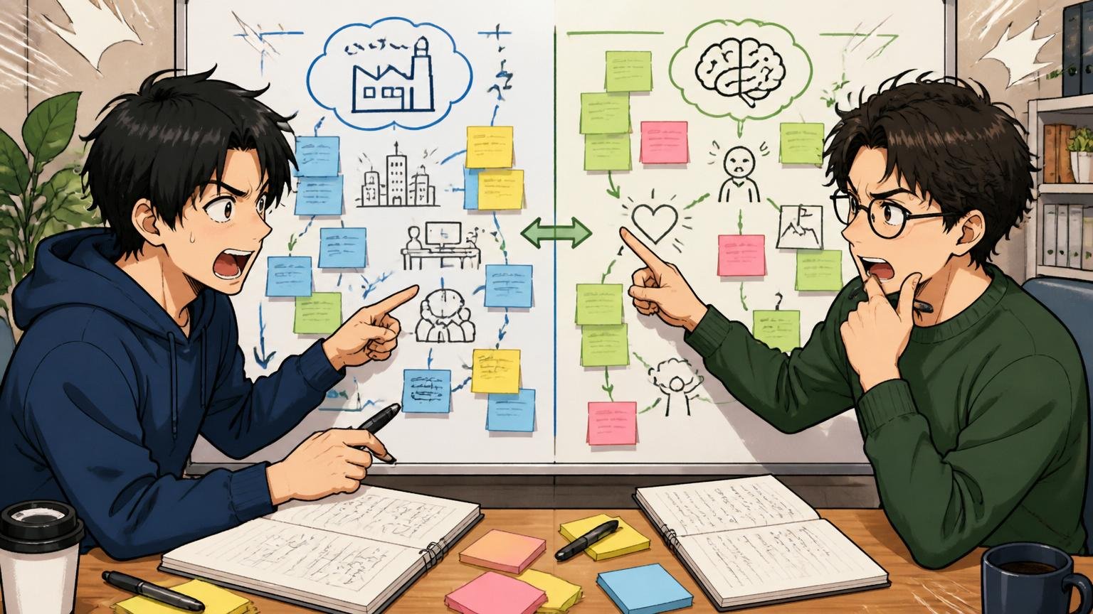 今の違和感が「環境要因」か「自分要因」か切り分ける。スタートアップのミーティングルームで2人のエンジニアが付箋とノートで自己分析
