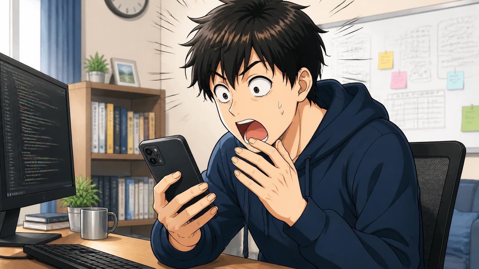 自宅のデスクでスマホを片手に20代男性エンジニアが市場価値診断画面を見て驚いている