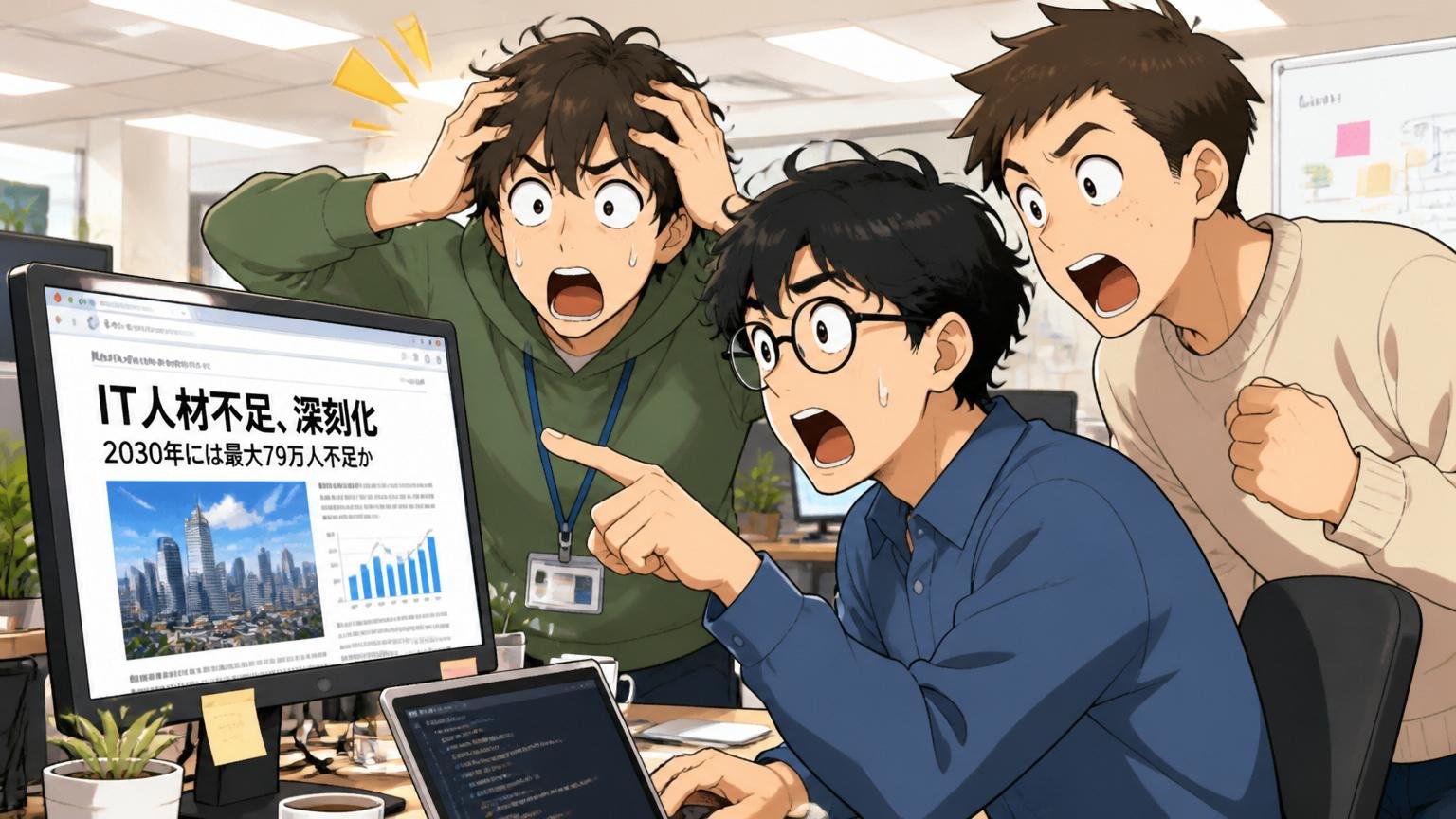 Web系スタートアップのオフィスでエンジニア3人がIT人材不足のニュース記事を見て自分の市場価値を実感している