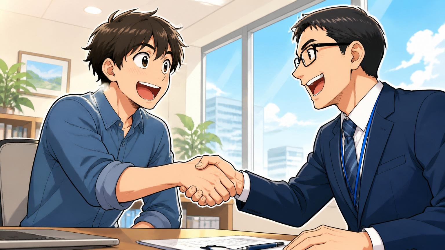 明るい面談室でエージェントと握手し前向きに一歩踏み出すエンジニア、2人、希望に満ちた表情