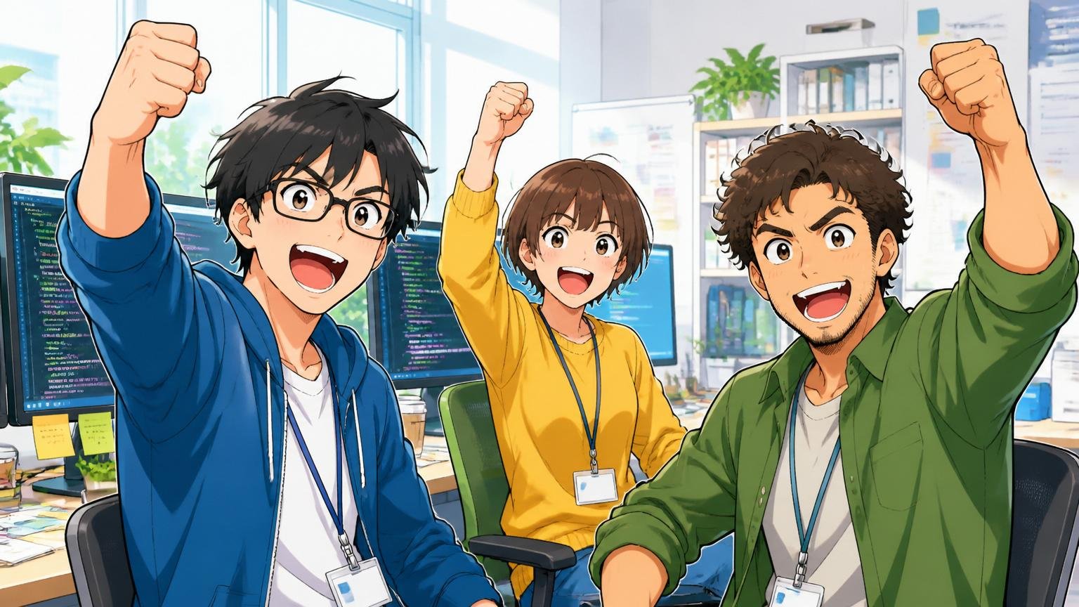 向いている人の特徴、明るいオフィスで前向きに働く多様なITエンジニア3人がガッツポーズ