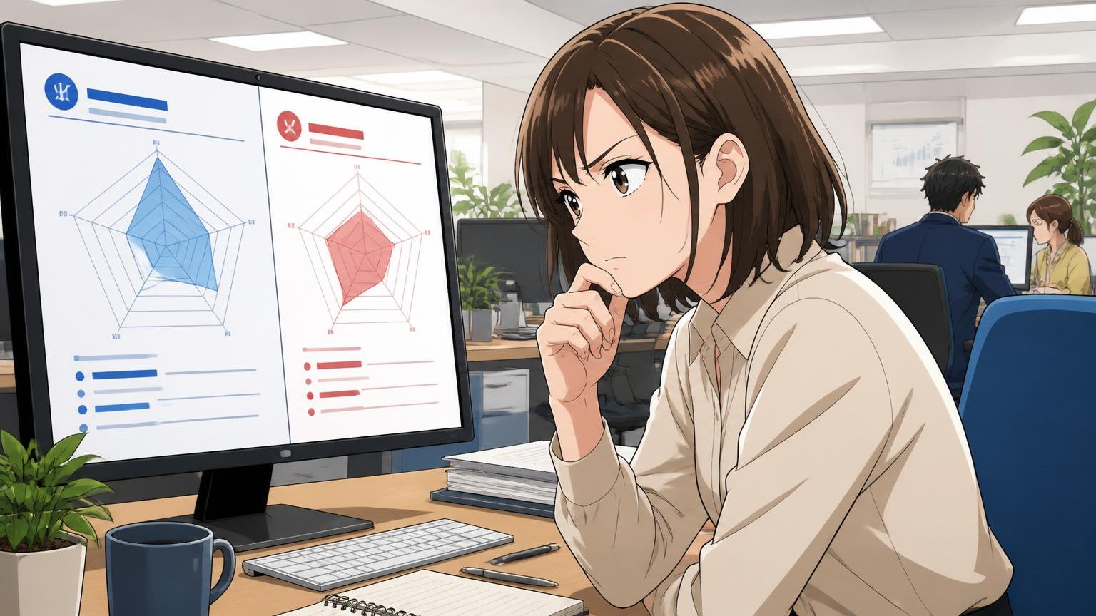 スコアの強みと弱みを分けて読む、IT企業のオフィスで女性1人が評価グラフを分析する、見極める表情