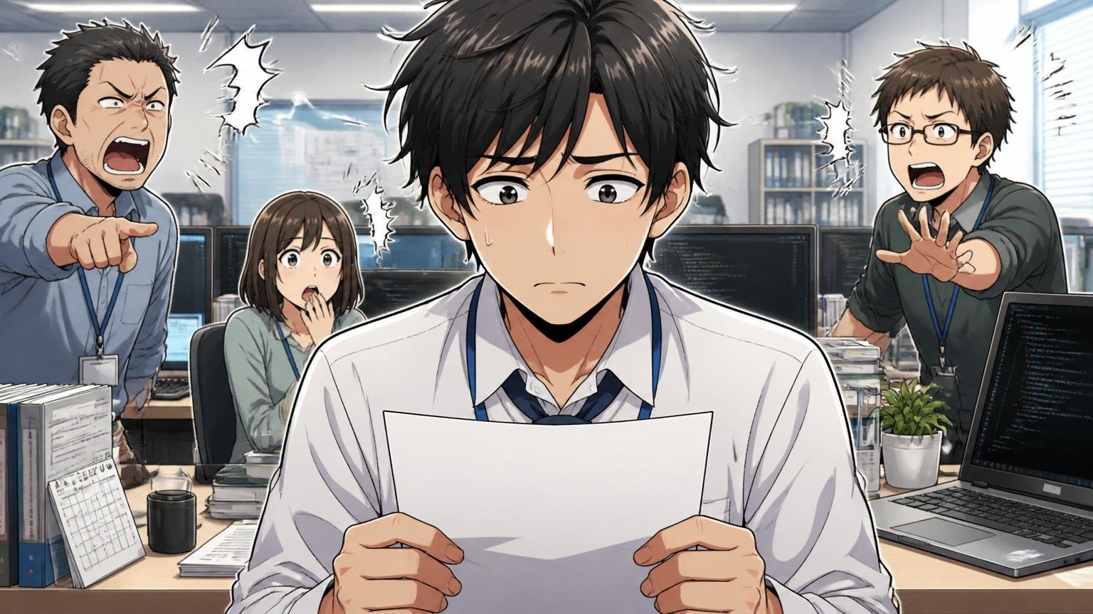 いきなり辞めるのが正解じゃない理由/SIerの開発現場で30代男性エンジニアが退職届の紙を持って迷う表情