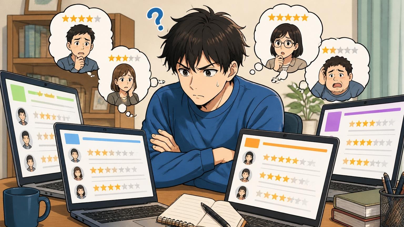 口コミだけでは相対評価ができない。自宅のデスクで複数の会社の口コミを並べて見比べる男性が腕を組んで悩む