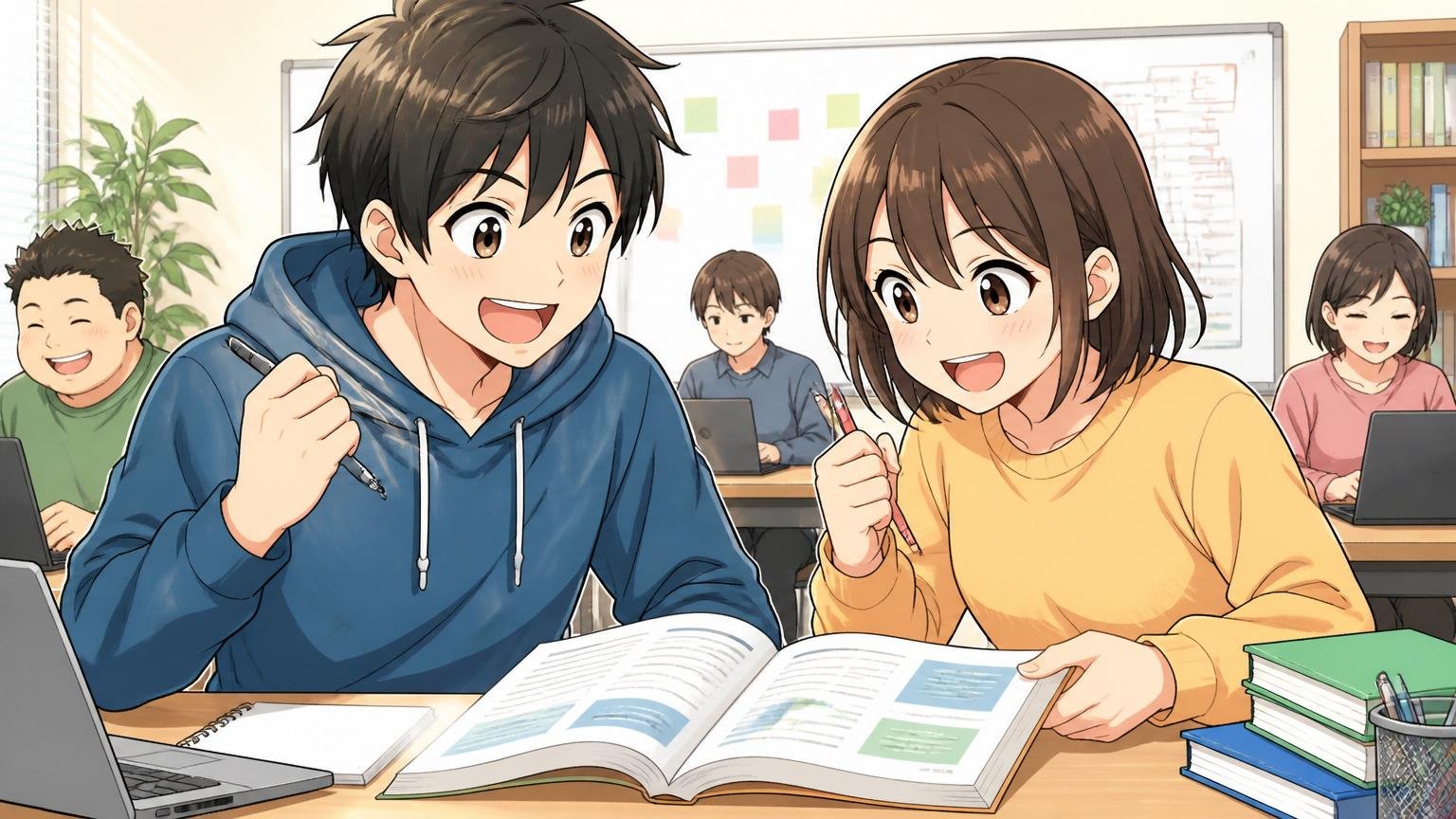 未経験から前向きに学ぶ若手|ITスクールの教室で笑顔でテキストに向かう若手男女2人がやる気に満ちた表情