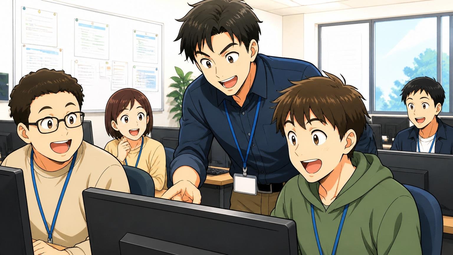 充実した研修・教育制度|研修施設のPCルームで講師から指導を受ける数人の新人エンジニアたち、明るい表情