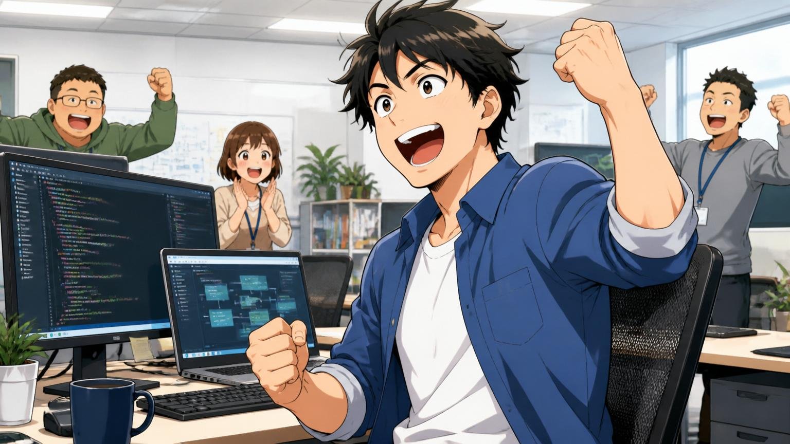 様々な現場で経験を積み成長を喜ぶエンジニア。IT企業のオフィスでガッツポーズをする前向きな様子