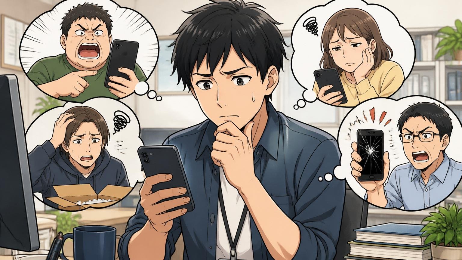 口コミだけでは自分に合うか分からない理由/スマホの口コミを見て眉をひそめ悩む男性エンジニア