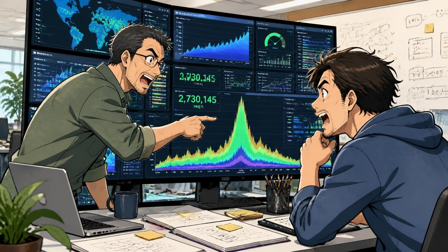 DSPの大規模配信システムのモニタを見ながら数百万リクエスト/秒の処理を議論する、Web系スタートアップのオフィスでベテランエンジニア2人