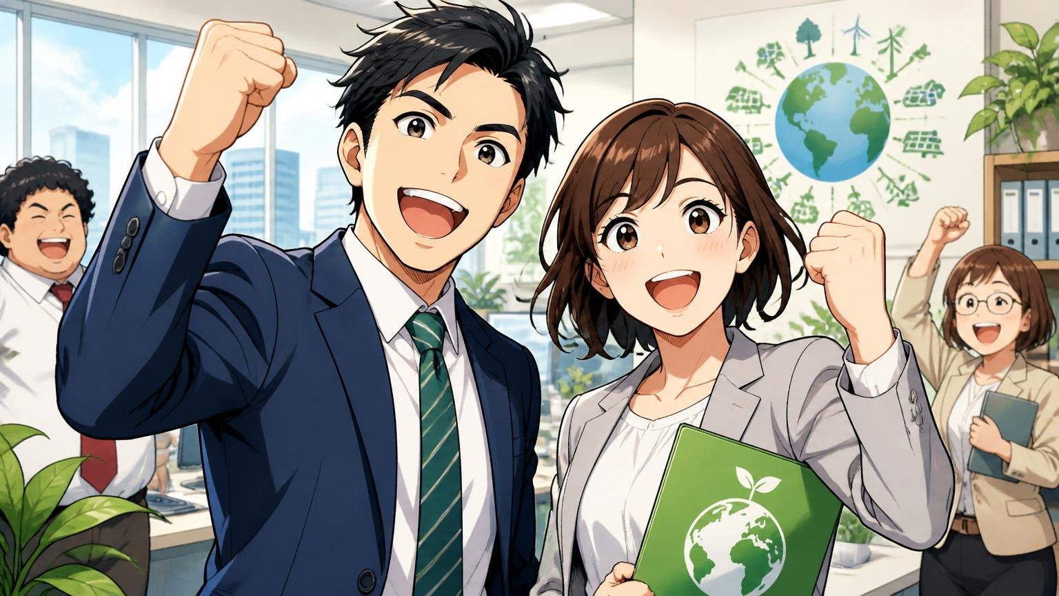 明るいオフィスで前向きな表情でガッツポーズをする社会貢献に意欲的な30代の男女社員