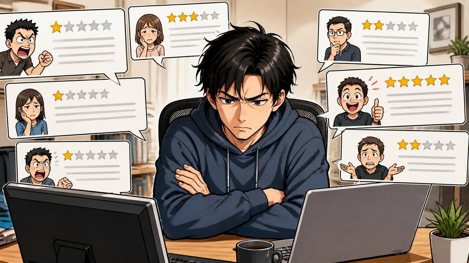 口コミの限界。在宅勤務のデスクで30代男性エンジニアが複数の口コミ画面を前に腕を組み眉間にしわを寄せて考え込む